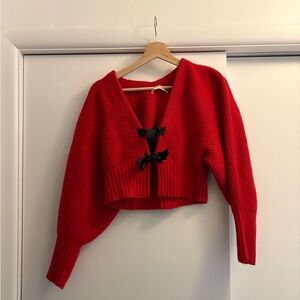 Anthropologie Rhea Red Cropped Knit Cardigan with Black Bow Closures
